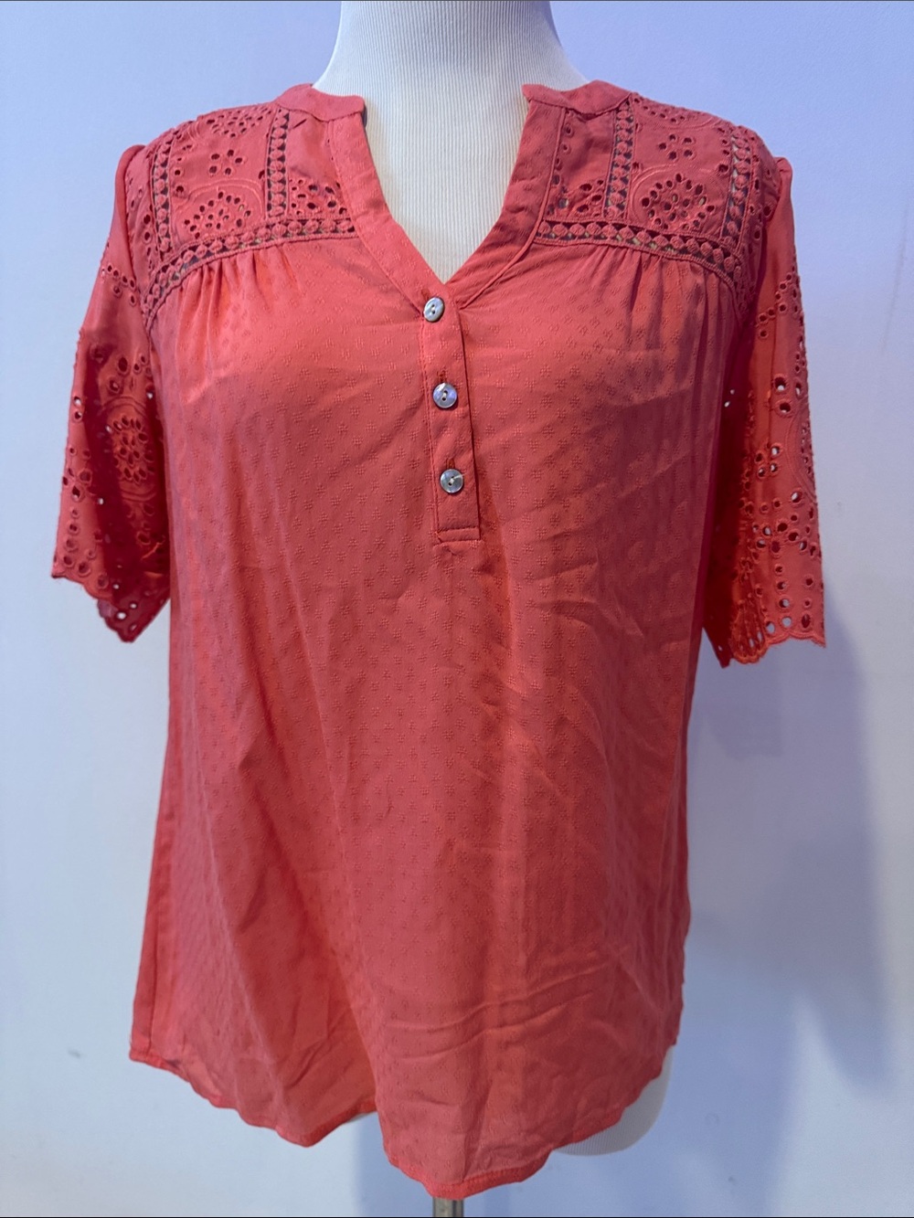 Mason &Belle Zosia Button Detail Coral Eyelet Yoke Blouse SMALL